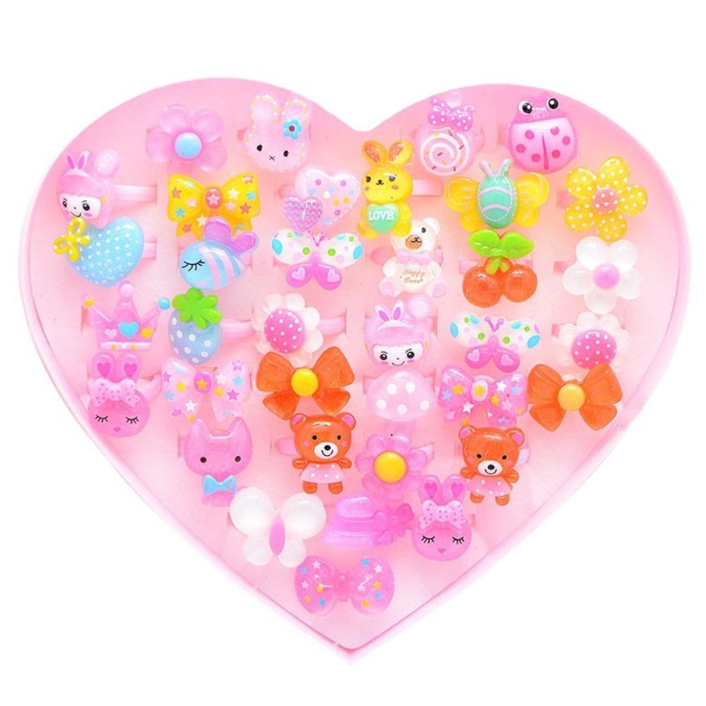 36Pcs Pink Candy Flower Finger Rings Set Animal Kid Princess Ring  for Girl