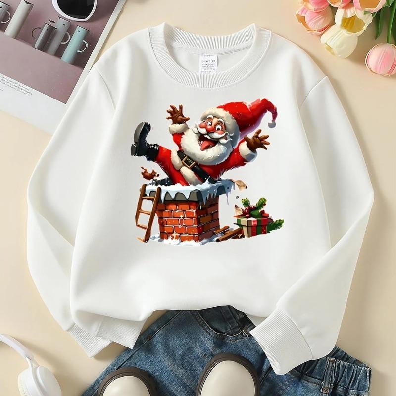 Kids Crewneck Sweatshirt, Santa Claus Chimney Christmas Gift Red Print,Casual Sportswear for Spring & Autumn