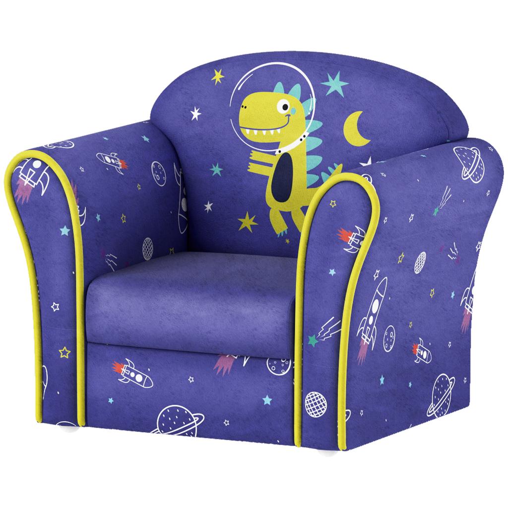 Kids Armchair with Planet Dinosaurs Design, Wooden Frame, for Bedroom, Playroom, Kids Room - Blue