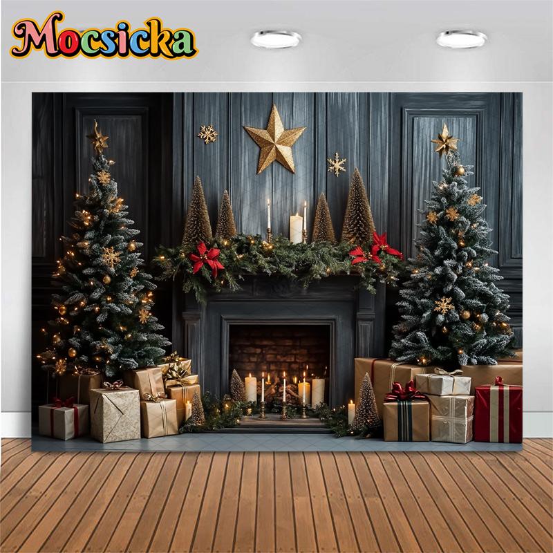 Mocsicka Christmas Tree Photography Background Gift Fireplace Home Wood Wall Decoration Baby Photo Backdrop Shooting Prop Studio