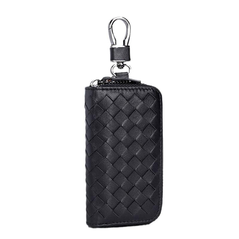 Men's Knitted Leather Car Key Pouch - Large Capacity Zipper Key Holder with Portable Keychain