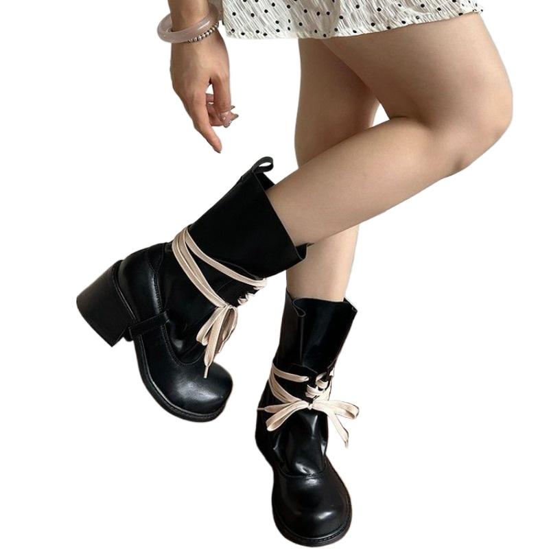New Luxury Retro Matte Punk Style Front Lace Up Mid Calf Lady Boots Round Toe Platform All-Match Casual Shoes Chunky Heels Boots