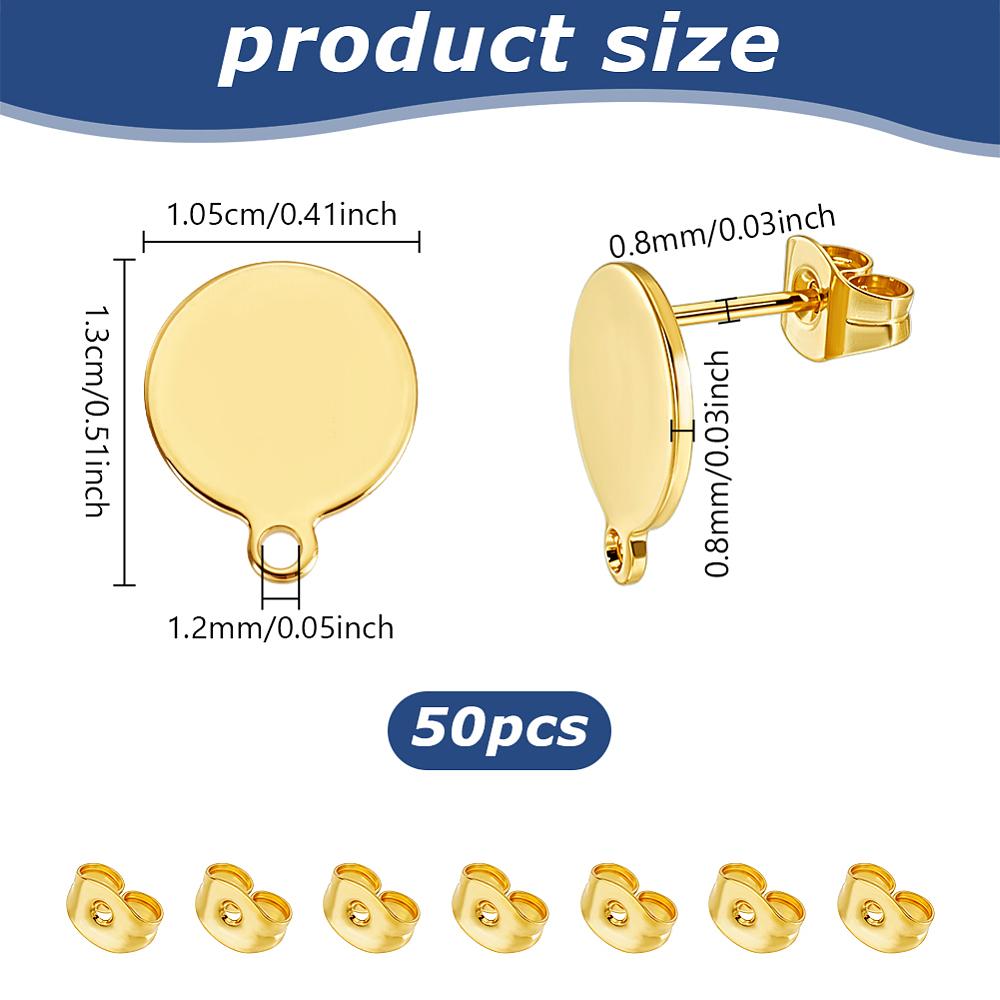 304 Stainless Steel Stud Earring Findings, with Loop and Ear Nuts, Flat Round, Golden, 13x10.5x0.8mm, Hole: 1.2mm, Pin: 0.8mm, 50pcs/box
