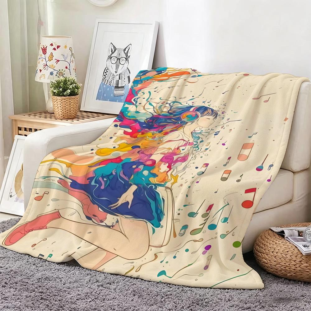 Music Dream Girl Watercolor Girl Throw Lightweight 240g Flannel Blanket Soft Skin-friendly for Summer Cooling