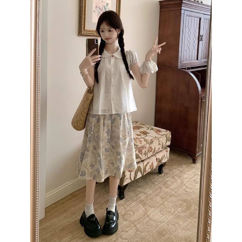 Girls Summer Floral High Waist Midi Skirt With Splicing Print For Casual Wear