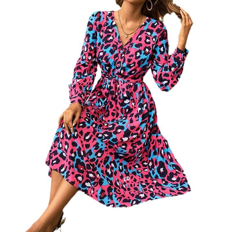 European and American new women's dress temperament fashionable V-neck straps long sleeves waist long dress hot sale