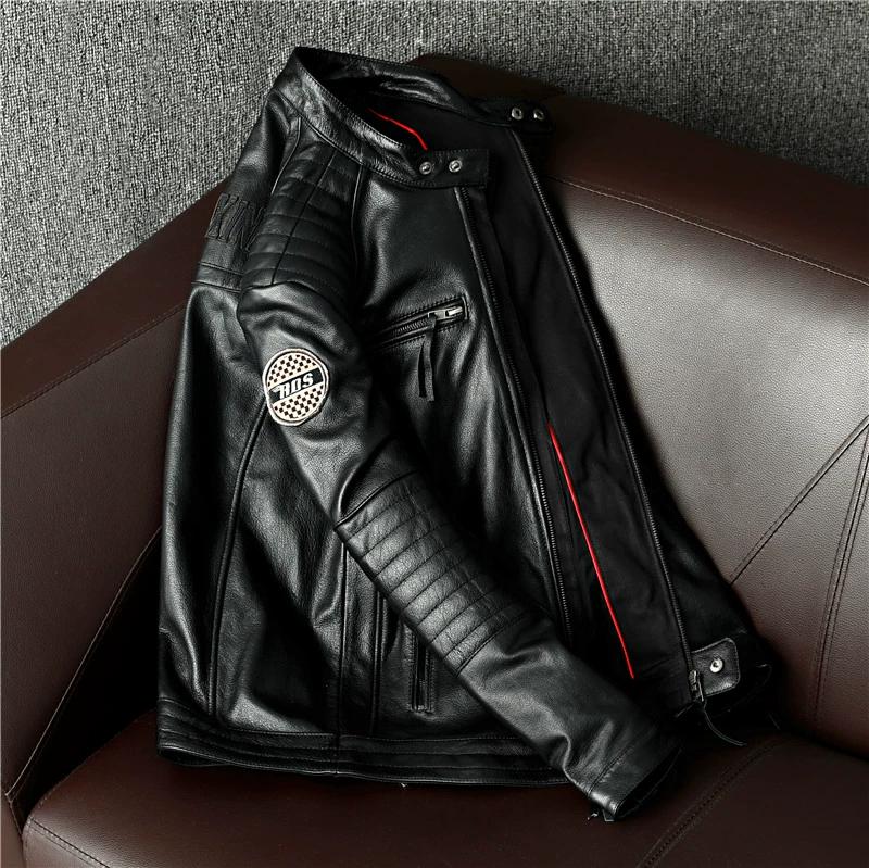 New Heavyweight Genuine Leather Biker Jacket Men Slim Fit Stand Collar Trendy Motorcycle Coat