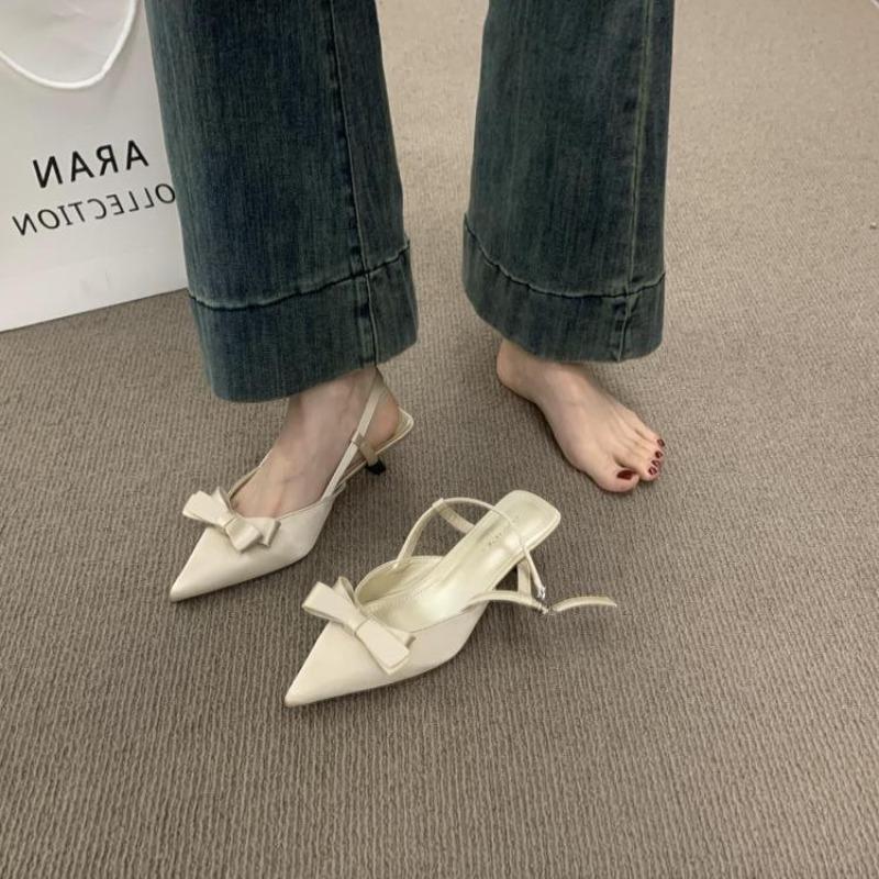 Hot Selling Women's High Heel Sandals 2025 Pointed Toe Slip-On Butterfly Knot Thin Strap Buckle Leather Fashionable Outdoor Wear