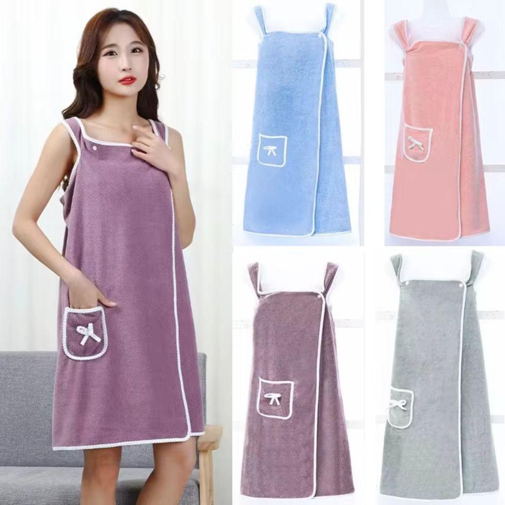 Soft and Absorbent Wearable Bath Towel Coral Fleece Bath Robe with Bow Pocket Shower Skirt Shower
