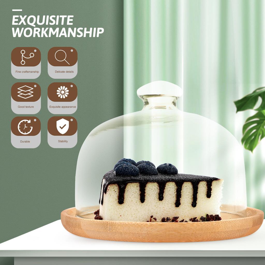 Wooden Cake Tray with Clear Glass Dome Lid Round Dessert Display Server Plate for Cupcakes Cookies Fruits Muffins Baking Storage