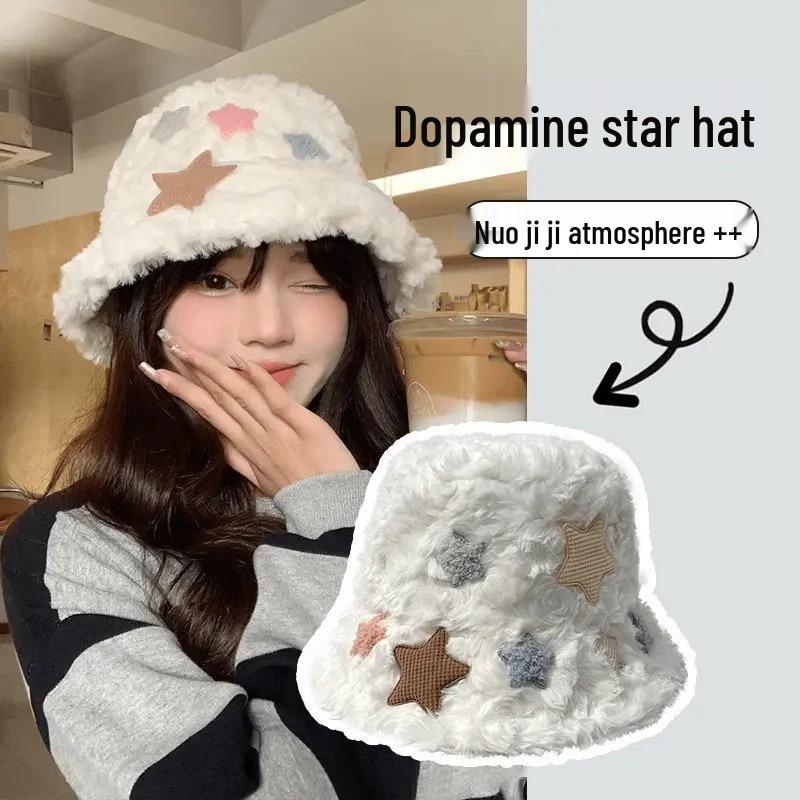 New Arrival: Women's White Star Plush Fisherman Hat - Japanese Style Winter Accessory