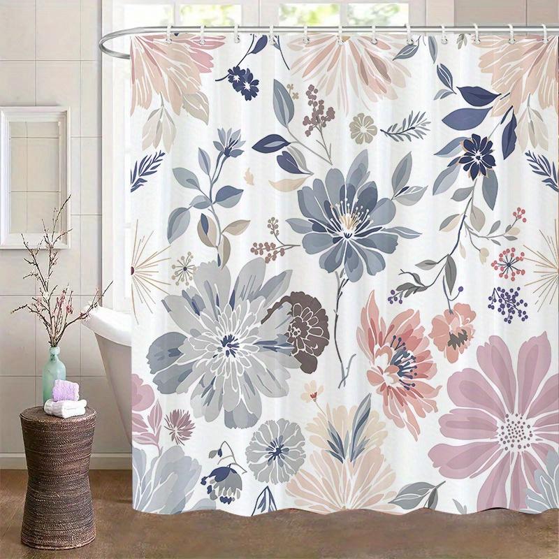 1pc Pastel floral pattern shower curtain, polyester fabric, machine washable, with hooks, suitable for bathroom décor.