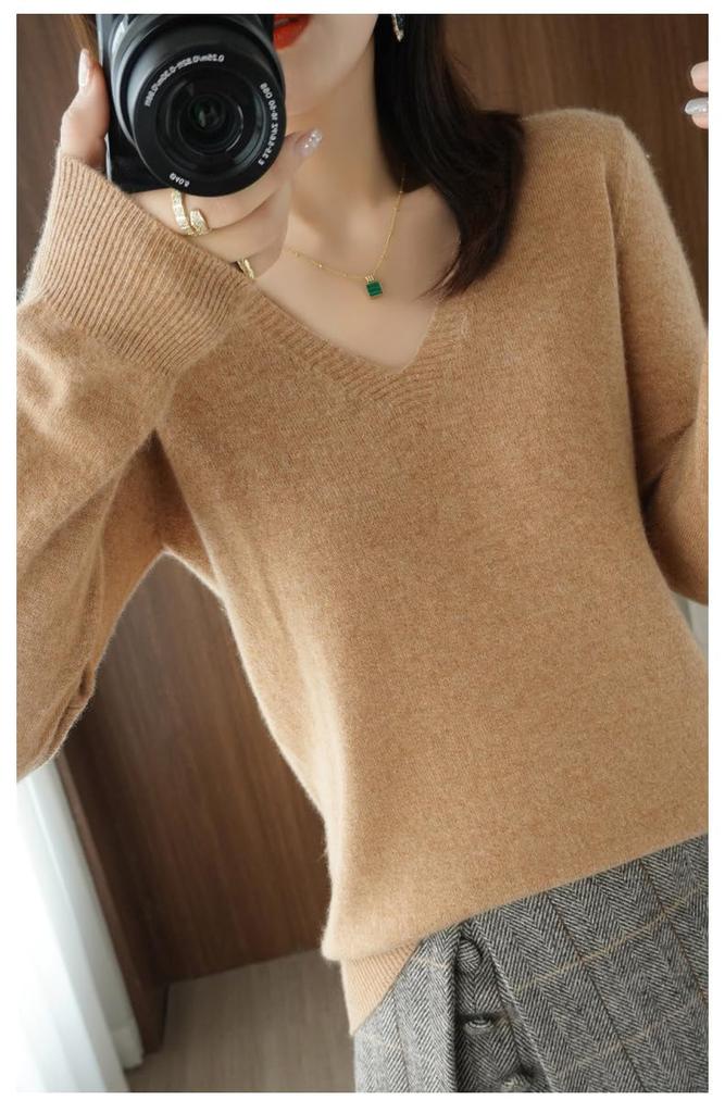 RAKUKOU Knit Long Sleeve Sweater for Solid Highly Easy to Mix and Simple Style Women's Top, Fall/Winter, V-Neck, Wool-Like Texture, Layering, Color,