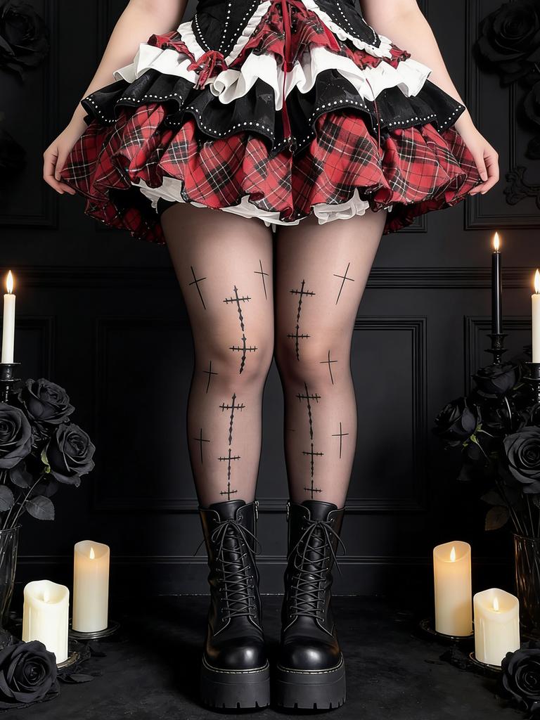 1 Pc Women'S Black Sheer Tights With Cross Print, Gothic Edgy Hosiery For Nightclub & Gothic Outfits