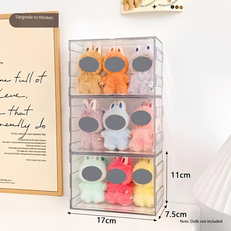 4 Pack 17cm/6.69Inch Acrylic Storage Display Case for Labubu Dustproof Stackable Protective Cover Doll Collectors Displaying Box