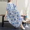 MODIQUE Sommer Übergröße Damen Locker Lässig Kurzarm Baumwolle Verlängerte Länge Druck Lange Kleider Weiblich Übergröße Kurzarm O-Ausschnitt Kleider Blau