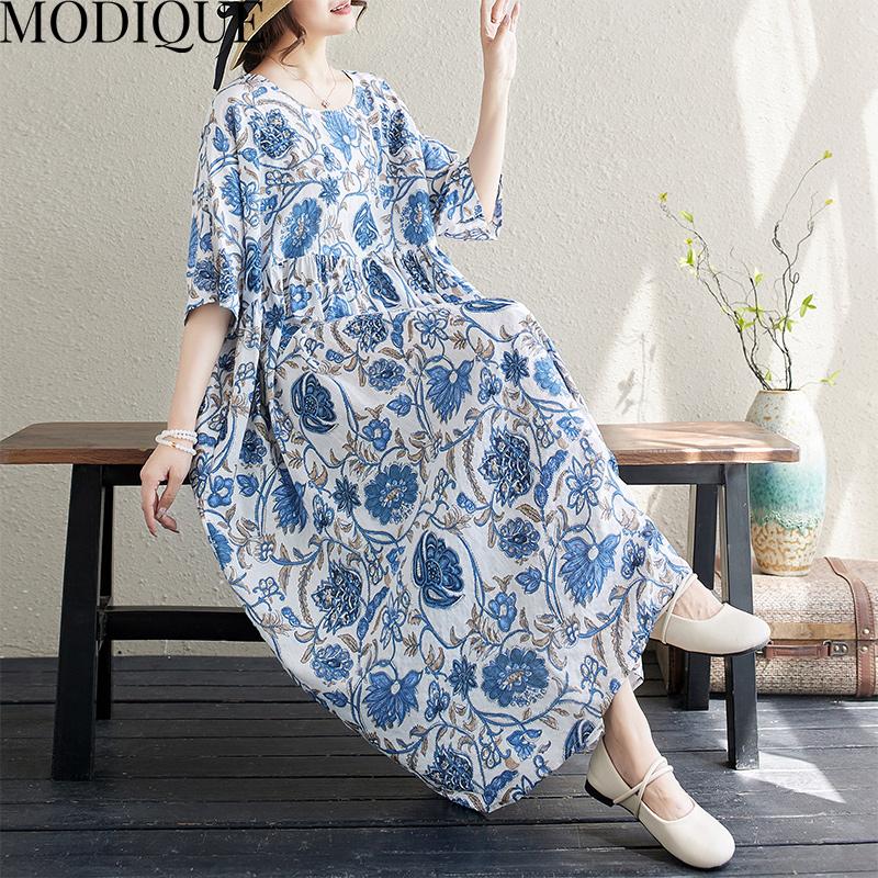 MODIQUE Sommer Übergröße Damen Locker Lässig Kurzarm Baumwolle Verlängerte Länge Druck Lange Kleider Weiblich Übergröße Kurzarm O-Ausschnitt Kleider Blau
