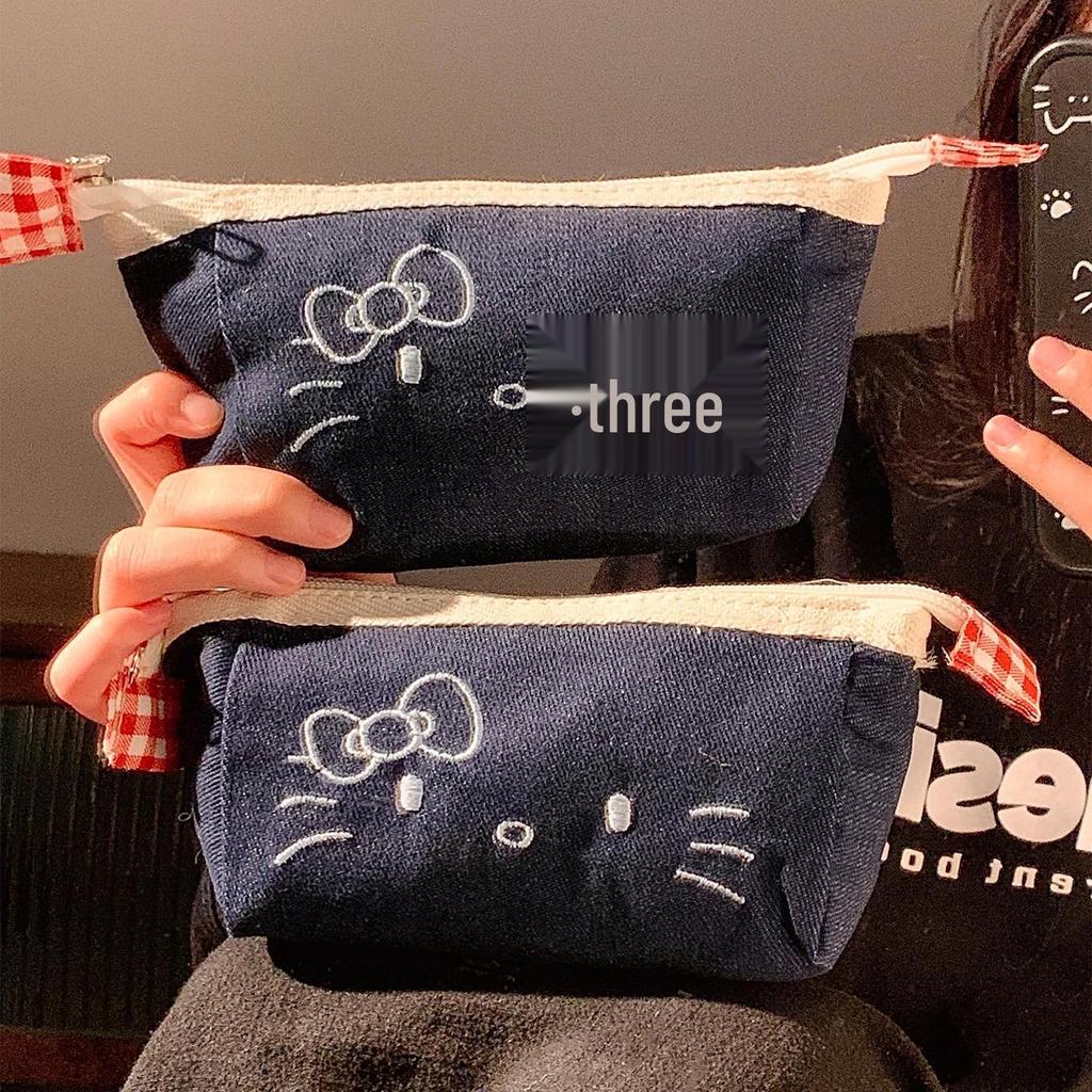 Cute Denim Kitty Pencil Case - Large Capacity for Middle School Girls