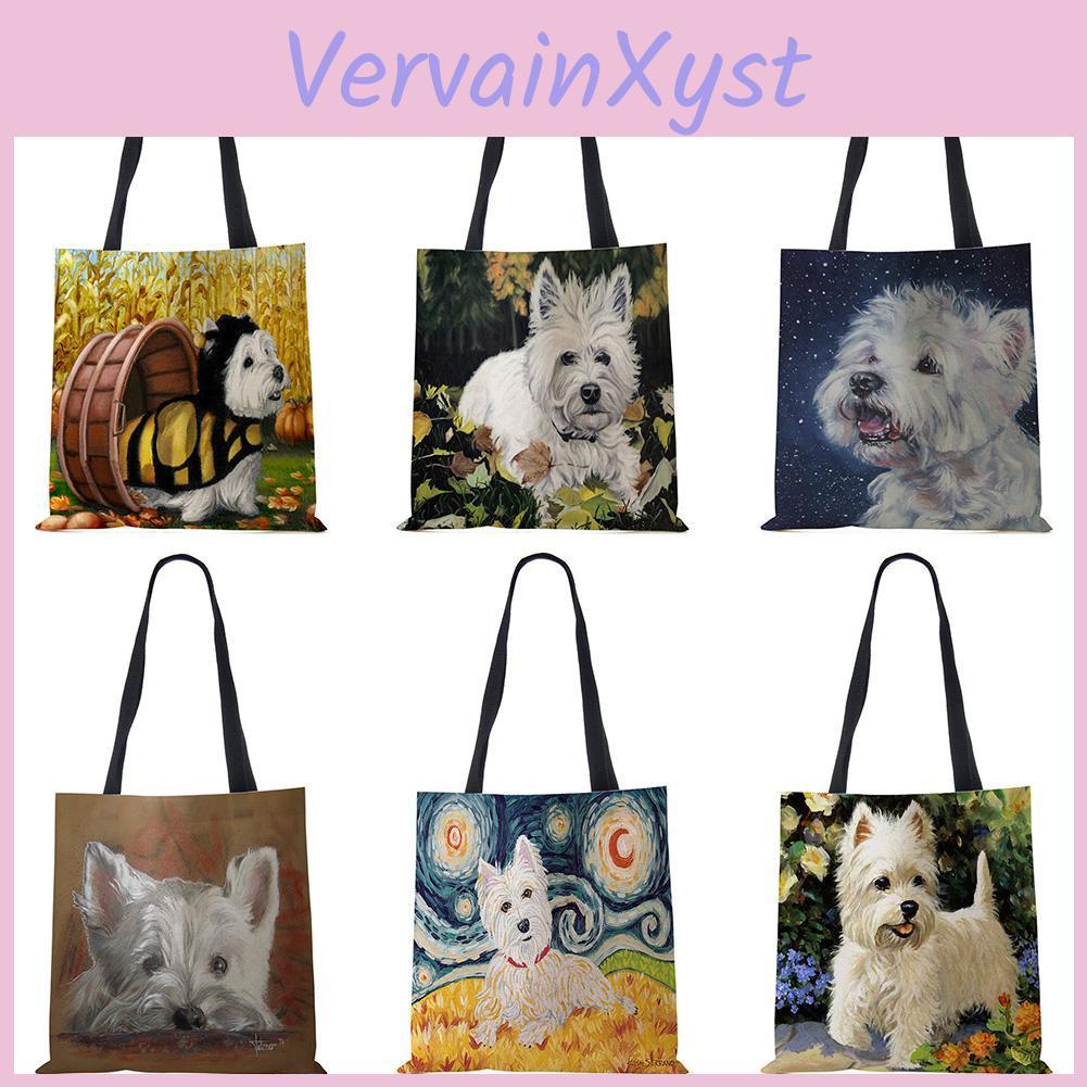 Westie Painting Unique Dog Design Square Handbag For Women Shoulder Bags Large Capacity Eco Linen Totes