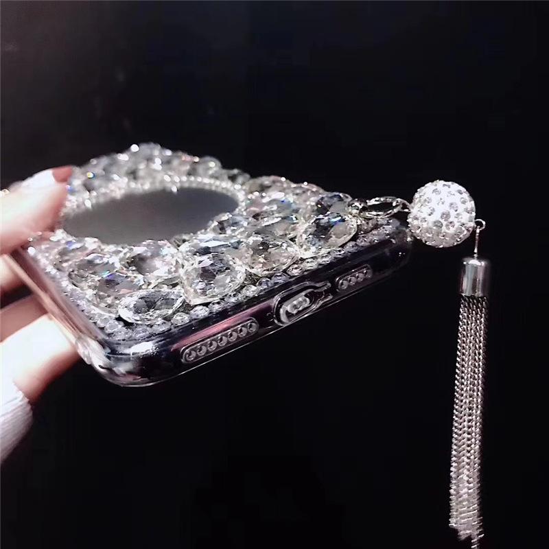 Luxury Full Diamond Suitable for Apple 17ProMax Mobile Phone Case Makeup Mirror 16 Flash Diamond Tassel 15 Premium 14 Protective Case