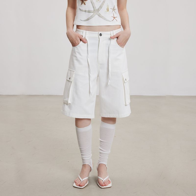 Thelight2025 Spring/Summer New Overalls Women White Wide Leg Shorts Women Commuting Sweat Pants Casual All-matching