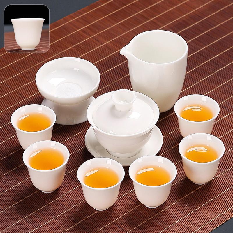 Suet Jade Kung Fu Tea Set Home Living Room Office Light Luxury Tea High-end Gift Box Cover Bowl Teacup Complete Set