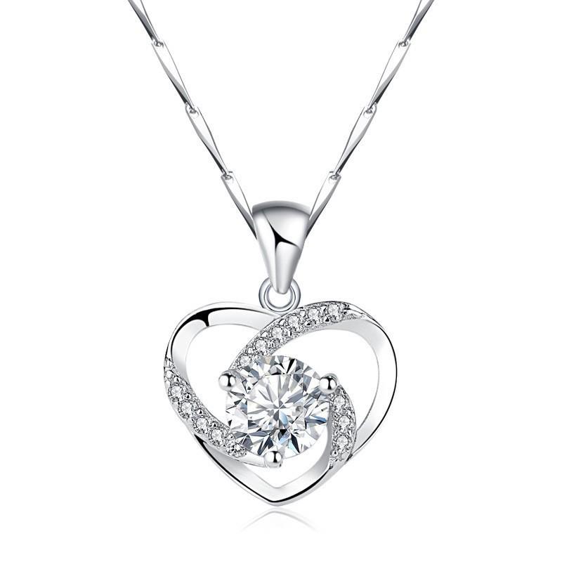 Silver Plated Diamond Sapphire Necklace Eternal Crystal Clavicle Chain Simple Niche Sun Heart Pendant Item Jewelry