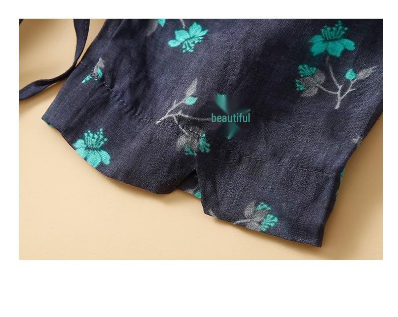 Abito da donna con scollo a V, cotone e lino, manica a cinque quarti, allacciatura, estivo 2024, retro, dimagrante in vita, lungo