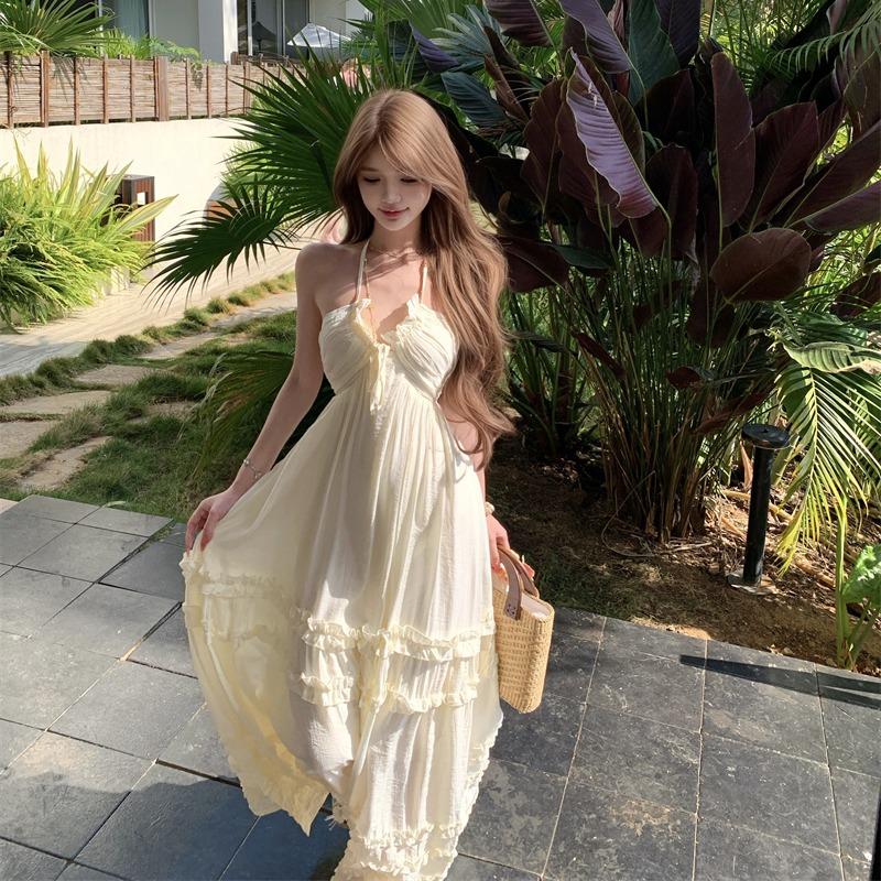 Bohemian Halter Neck Apricot Suspender Dress Women's Summer High-end Seaside Beach Vacation Dress