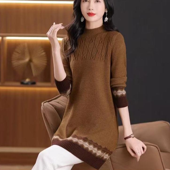 Mid-length Knitted Sweater for Women Half Turtleneck Sweater Thick Pullover Loose Top