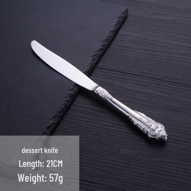 European Retro Stainless Steel Embossed Cutlery Set: Steak Knife, Fork, Spoon, Cake Fork, Dessert Fork, Soup Ladle