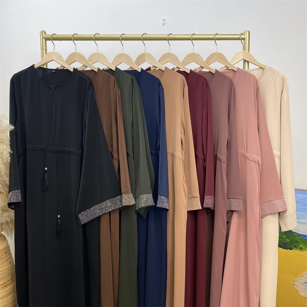 Women's Hotfix Patchwork Lace-Up Dress with Pockets - Middle Eastern Muslim Fashion 6758