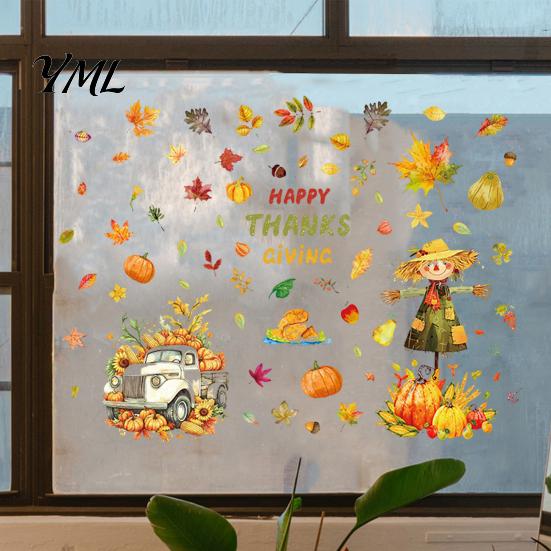 Thanksgiving Window Decals 4 Sheets Autumn Harvest Static Stickers, Maple Leaves Pumpkins Scarecrow Pickup Truck Clings Decals, Removable for