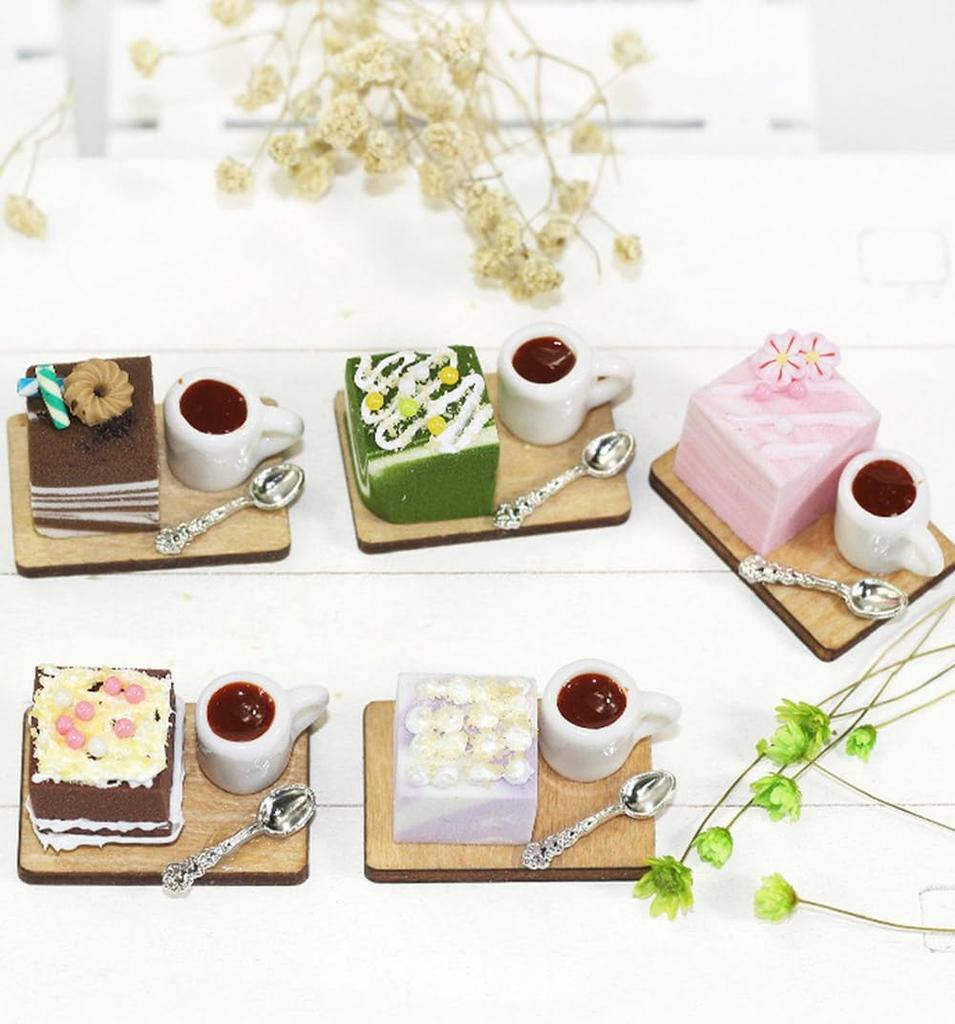 moin moin Miniature Scale Cake Sweets Figure Set Coffee Food Realistic Delicious Tableware Green Dollhouse Wood Random 2307mini23 1/6 & (Wood Plate, &