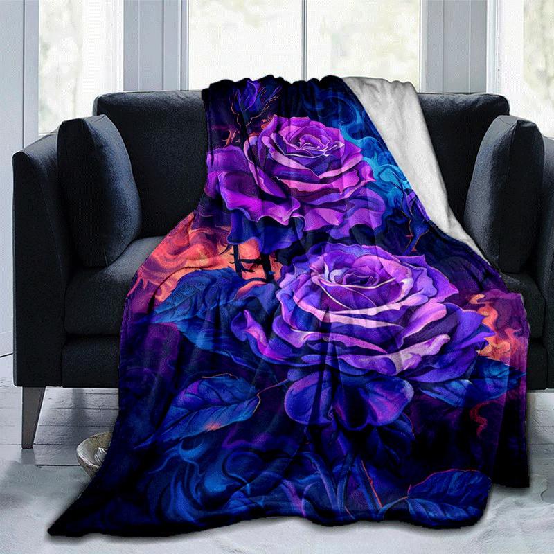 1pc Purple Rose Printing Lightweight Flannel Blanket, Comfortable and Warm Blanket, for Camping Sofa Bed and Couch Office, Gift