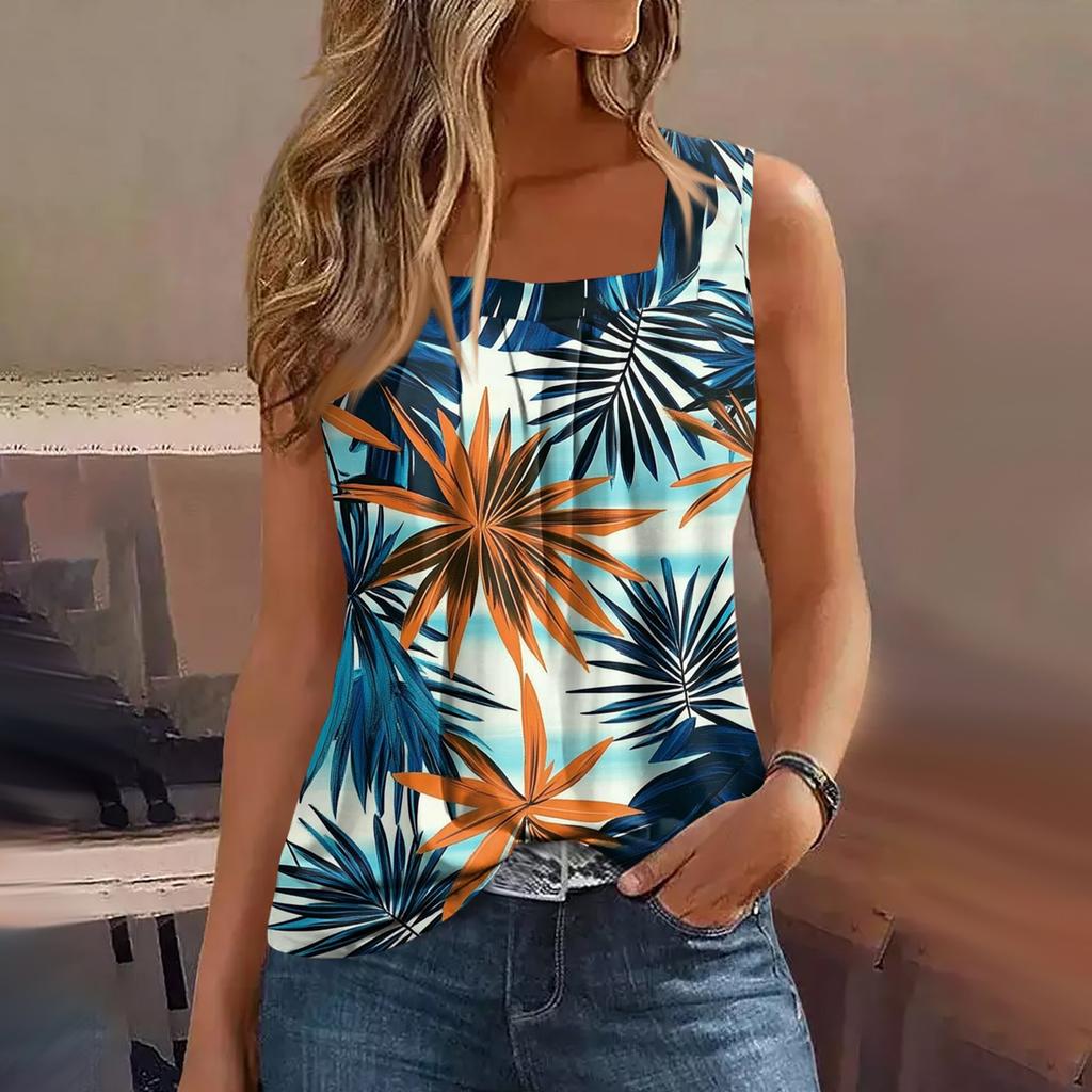 Damen Sommer Casual Plissee Quadratischer Ausschnitt Ärmelloses Tank Top Bedrucktes T-Shirt