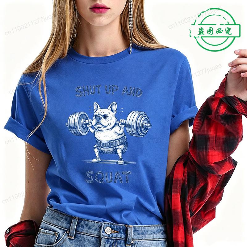 Summer Fashion Women's T-shirt Casual Funny French Bulldog Weightlifting Print T-Shirts O-neck Tops Short Sleeve Shirts Clothing