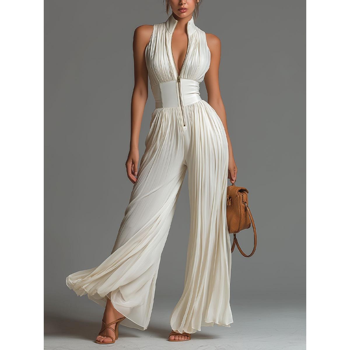 Women s Sleeveless High Neck Pleated Wide Leg Jumpsuit High Waist Elegant Solid Color Party Jumpsuit S слоновая кость