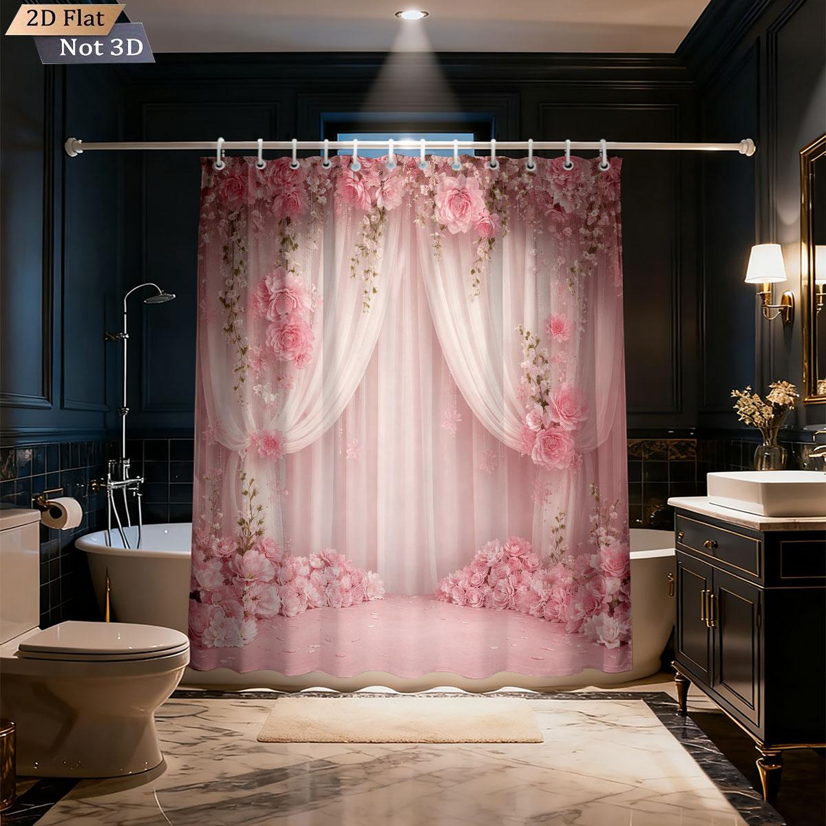 Textile Article Pink 1Pc Beautiful Floral Curtain Print Waterproof Partition Privacy Shower Curtain With 12 Hooks Multiple Sizes Easy To Install