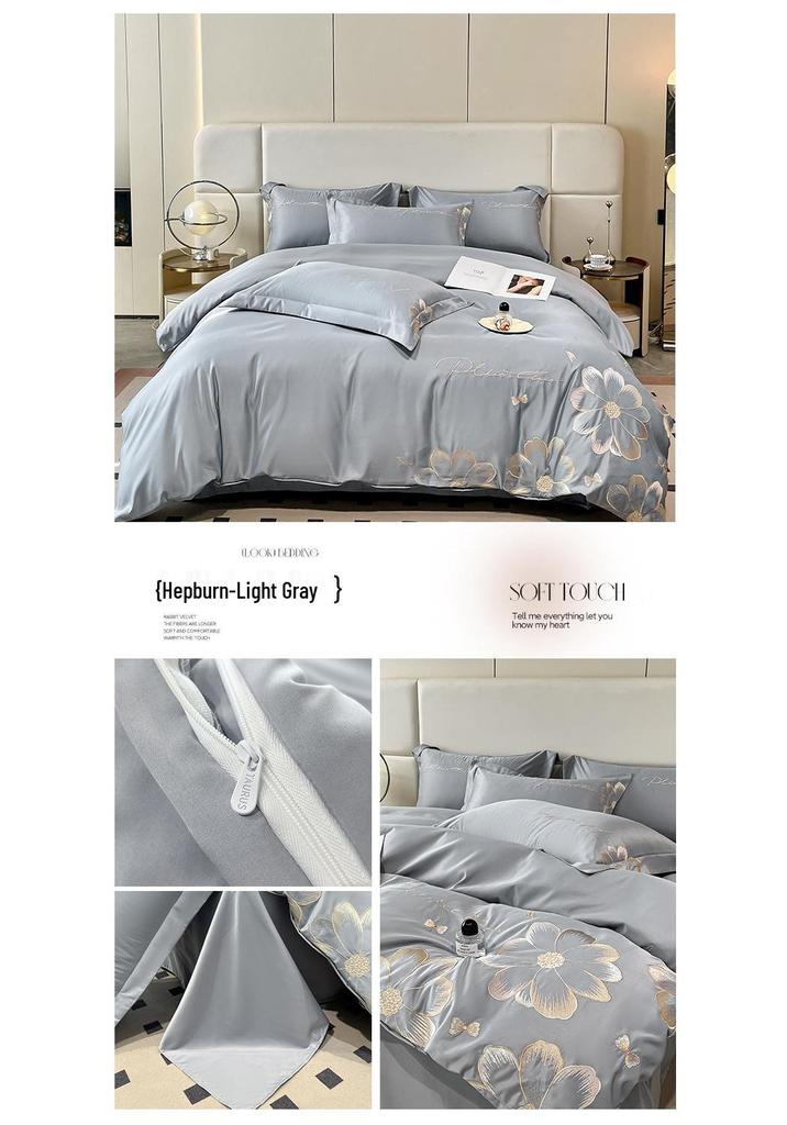Hepburn Series: Luxurious Floral Embroidery Cotton Bed Sheet Set - Skin-Friendly, Fitted Style, Four-Piece