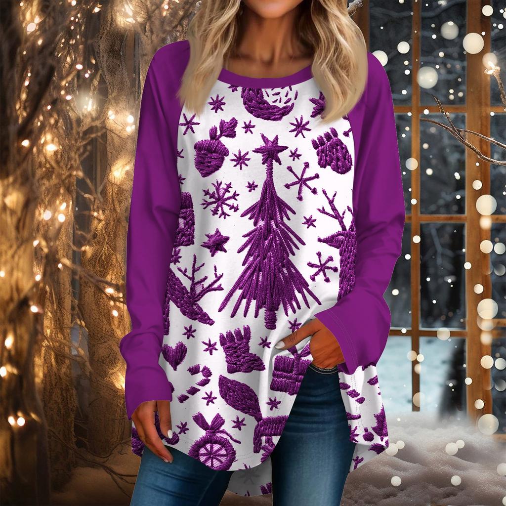

Christmas Limited Edition Women s 3D Christmas Element Solid Color Print Round Neck Long-sleeved T-shirt Casual Long-sleeved Top XXL