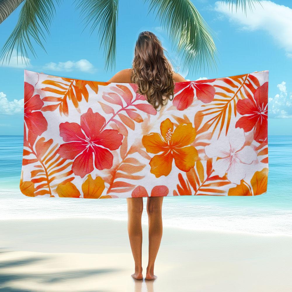 

Hibiscus Flowers Palm Leaves Orange Red Pink Towel, Quick Dry for Beach Travel Camping Vacation W30*H60(CM)