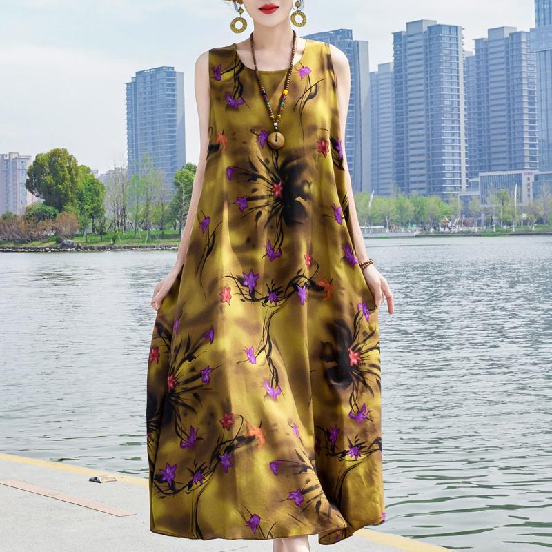 Elegant Sleeveless Dress Summer Fashion Casual Loose Vintage Print Long Dresses for Women Summer Clothes