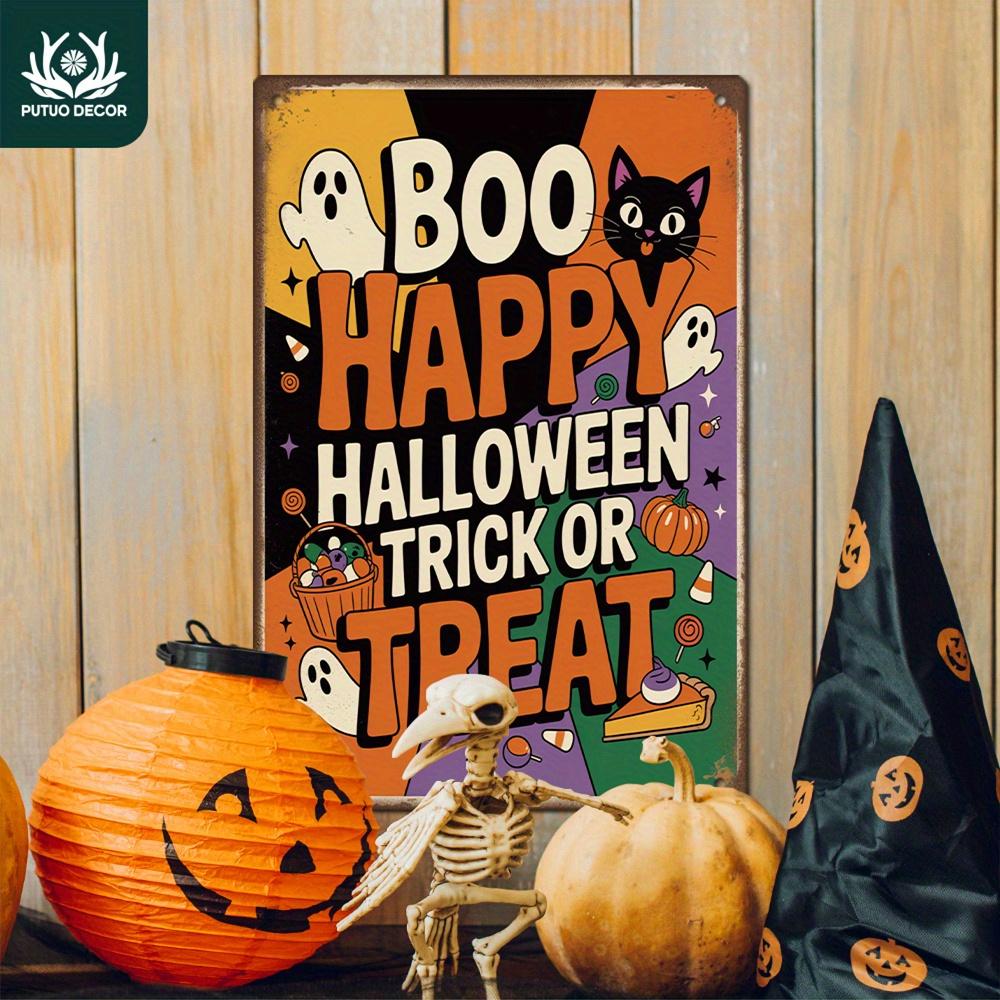 Putuo Decor 1pc Halloween Vintage Metal Tin Sign, Boo Happy Halloween Trick or Treat, Wall Art Decor for Halloween Party, Gift F