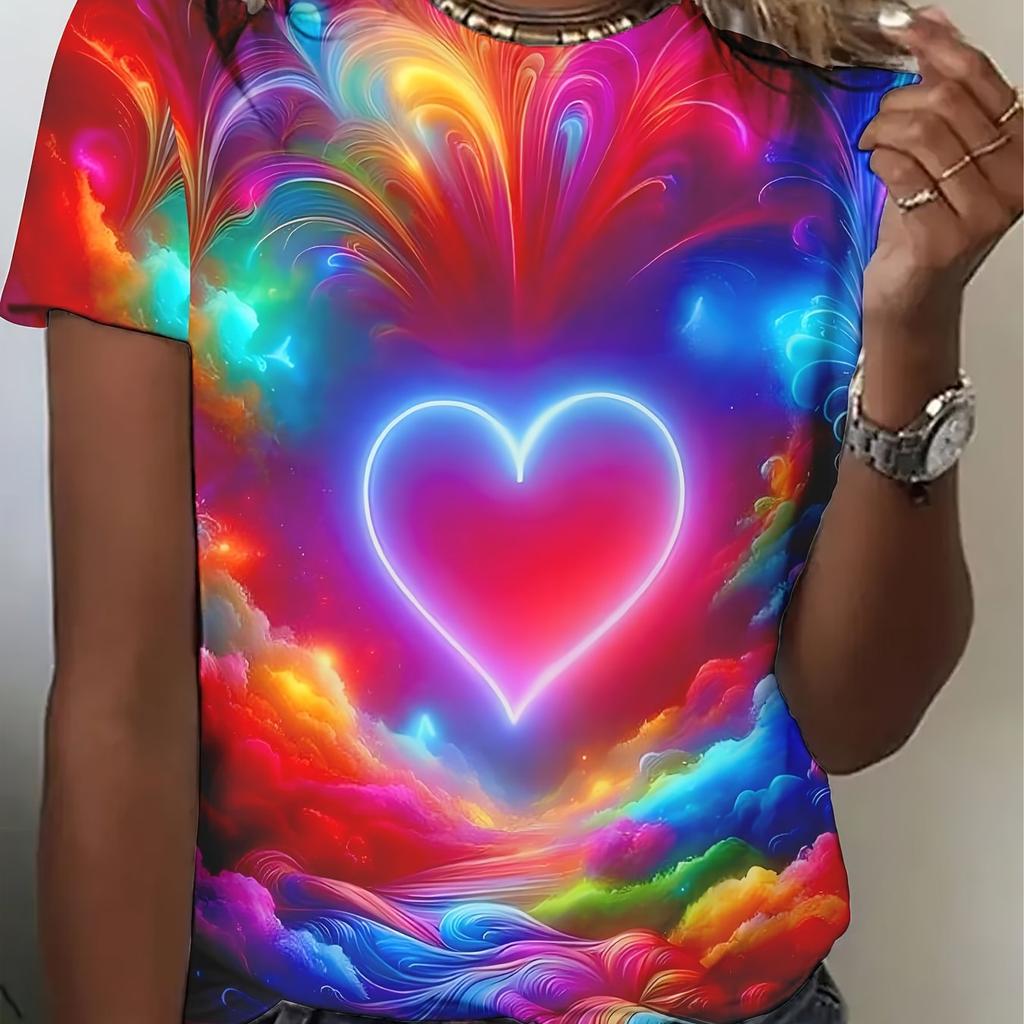 Women's Neon Glow-in-the-Dark 3D Printed T-Shirt - Rainbow Multicolor Heart and Cloud Design