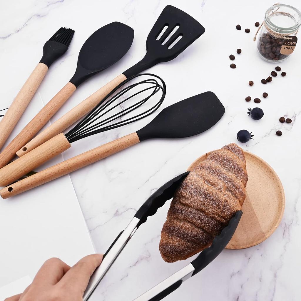 1pcs Black Silicone Balloon Whisk,Heat Resistant Non Scratch Coated Kitchen Whisk with Wooden Handle for Blending Whisking Beating Stirring Cooking