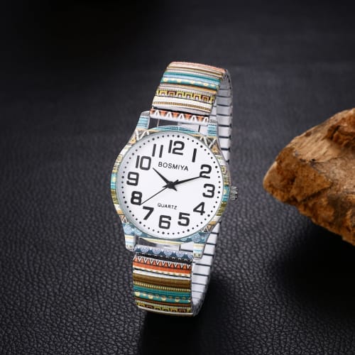 Bohemia Elastic Strap Watch for Seiko: Easy-to-Read Arabic Numerals, Analog Quartz Movement, Waterproof, Stylish, Unisex, Floral Print, Elastic Strap,