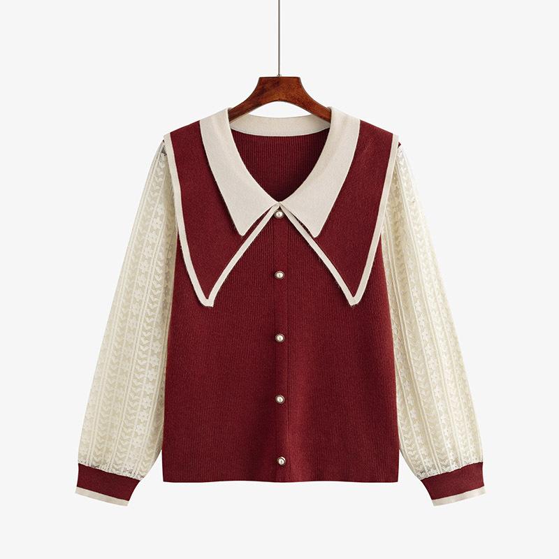 

Плюс размер женский колледж стиль лацкан стиль осень пэчворк кружева с длинными рукавами вязаный свитер XXXL бордовый