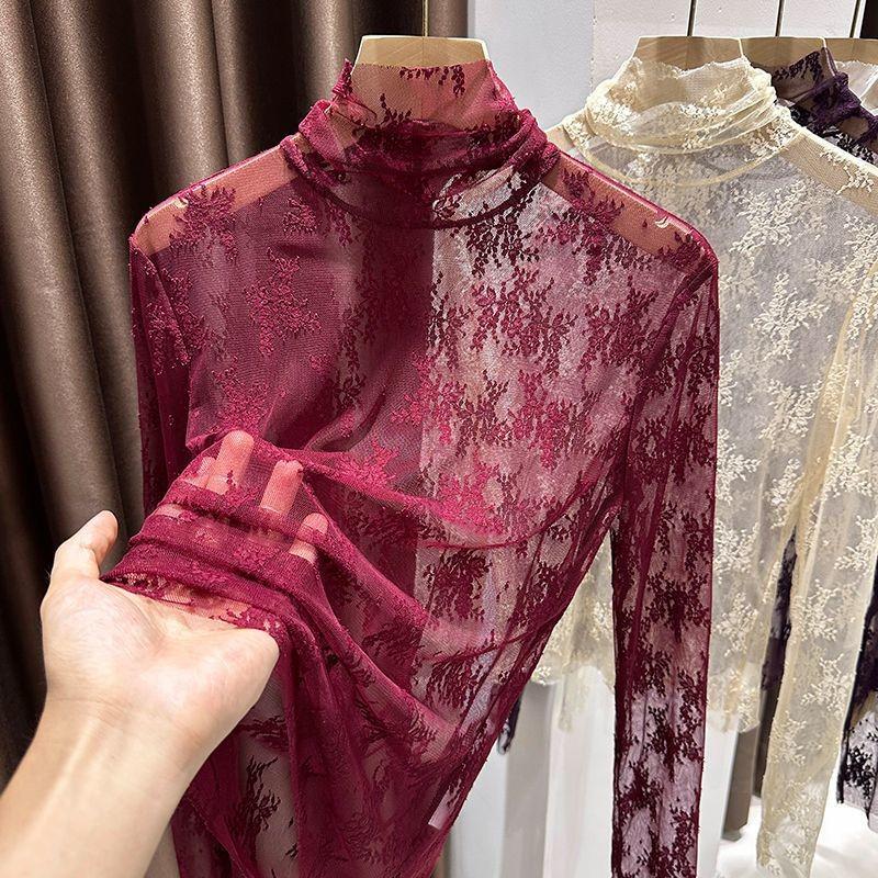 Women's Elegant Purple High-Neck Lace Top with Ruffled Edges