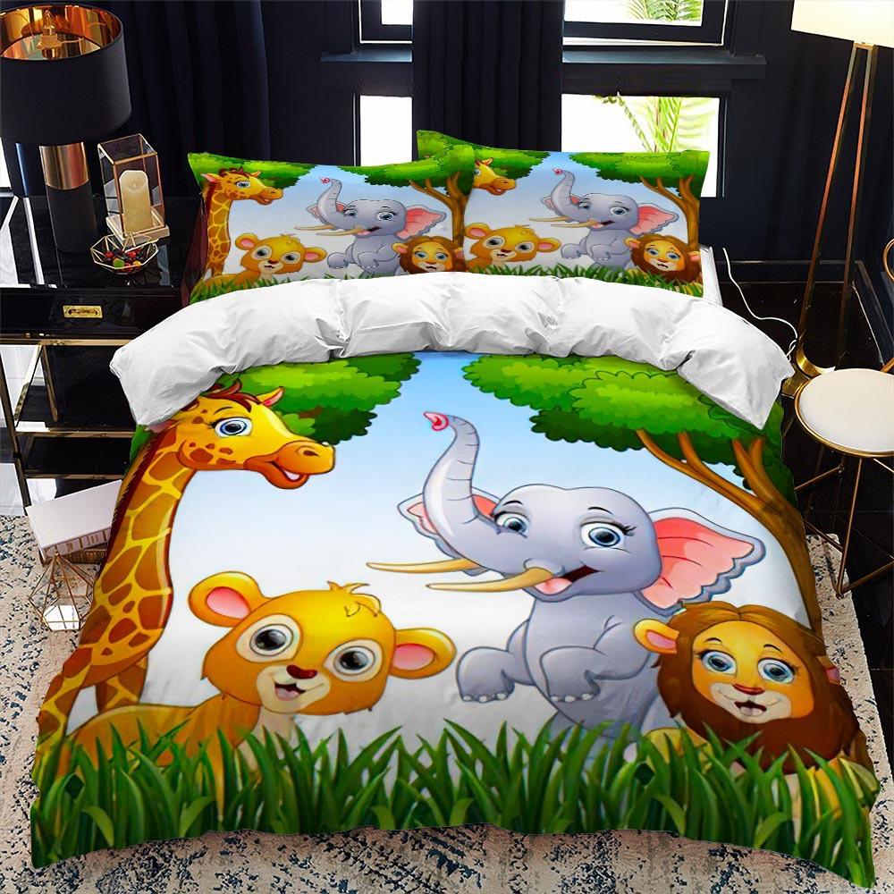 Zoo Duvet Cover Set King Queen Size Animal In The Forest Cartoon Illustration Lion Panda For Kids Girl Boy Polyester Bedding Set